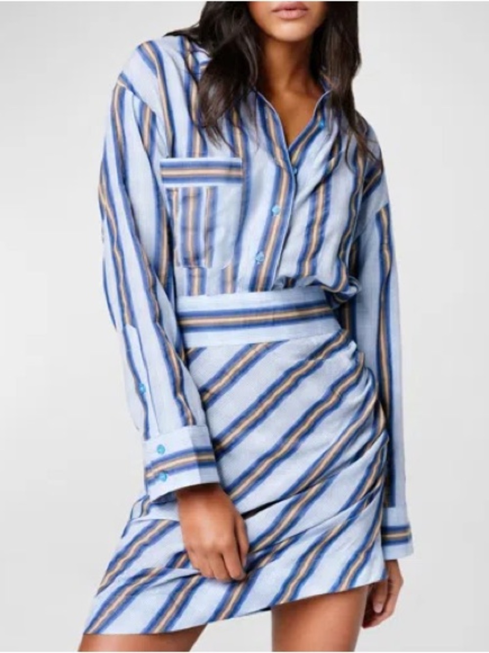 Smythe Long-Sleeve Tencel Striped Asymmetrical Mini Shirtdress 4 Side Zipper